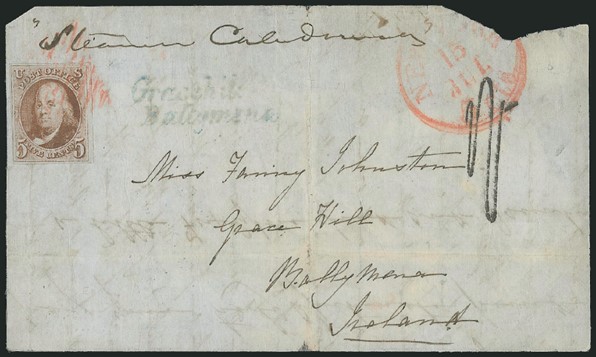 First letter bearing the new US 5c stamp to cross the Atlantic (New York- Gracehill) 1847